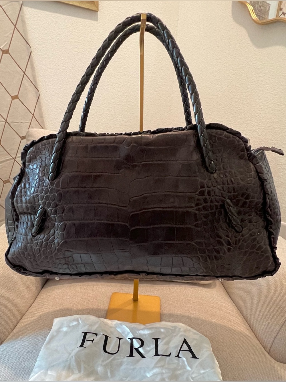 Vintage Furla Dark Brown Croc-Embossed Leather Shoulder Bag with Braided Handles